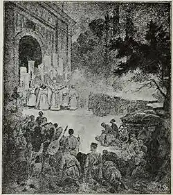 Prière devant un monastère : les moines offraient à manger aux haïdamaks mais ne les laissaient pas entrer.