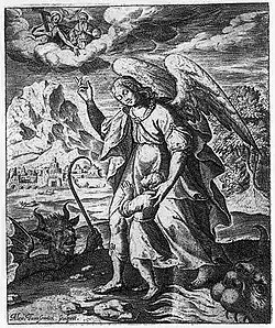 gravure montrant un ange montrant à un jeune enfant des nuages où se tiennent des hommes portant une croix