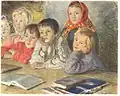 Nikolaï Bogdanov-Belski. « Les enfants suivant la leçon ». L'école d'Ostrovno sert de décor au tableau