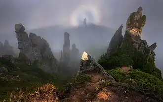 Spectre de Brocken avec gloire (phénomène optique) au mont Шпиці&nbsp;(uk) dans le parc national.