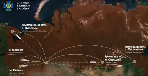 Ville de départ des containers de drones ukrainiens et les cinq bases aériennes attaquées