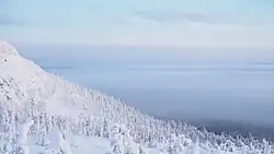 Photographie depuis une hauteur d'un versant de montagne totalement enneigée, avec en second plan de la brume qui dissimule le paysage.
