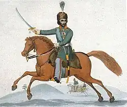 Dessin d'un cavalier vu de profil, le sabre levé, sur un petit cheval roux.