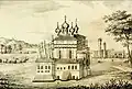L'église, avec le palais des Stroganov en arrière-plan. Dessin du  XIXe&nbsp;siècle.