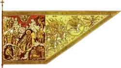 Bannière du Grand Régiment en 1654. Les motifs sont, du côté de la hampe, la mise au tombeau du Christ, et à la pointe, le ciel étoilé parcouru par l'armée de saint Michel.