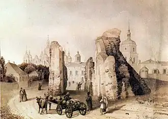 La Porte dorée. Illustration de Mikhaïl Sajine, 1846. À la différence de Sainte-Irène, ce vestige du règne de Iaroslav, dans un état de ruine similaire au xixe&nbsp;siècle, sera conservé et entièrement reconstruit par les autorités soviétiques.