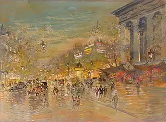 Vue de côté de l'église de la Madeleine à Paris (vers 1929).