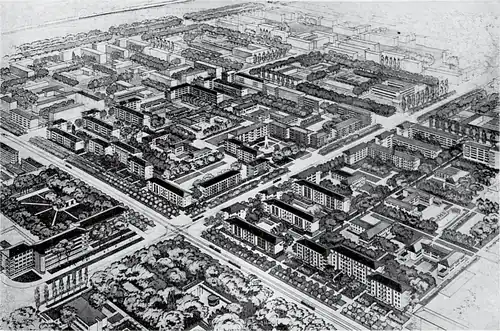 Vue cavalière d'un projet urbain.