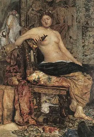 Modèle dans un décor Renaissance (1882). Aquarelle, blanc et vernis sur papier contrecollé sur carton 35,8&nbsp;×&nbsp;24,4&nbsp;cm, Musée national d'art russe Kiev.