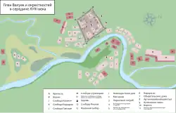 La foreresse carrée se trouve à l'ouest de l'Oskol. Des constructions s'étendent le long de la rivière.
