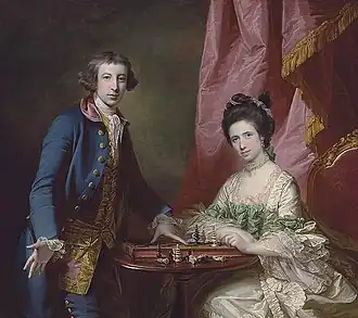 Francis Cotes, Portrait de William Earle Welby et de sa première épouse, Pénélope, jouant aux échecs sur fond de tenture&nbsp;(ru), 1789