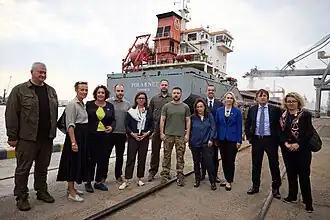 29 juillet 2022, le Le Président Zelensky visitant l'embarquement de grains pour l'export.