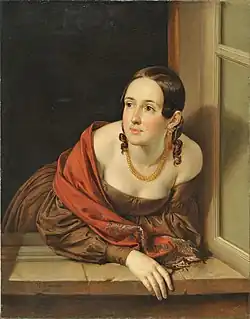 "Femme à la fenêtre (La femme du trésorier)"(1841)par V.A.Tropinine.
