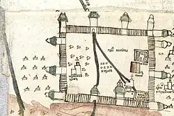 Dessin maladroit d'une enceinte carrée, avec 11 ou 12 tours, 2 églises et 2 rues à l'intérieur.