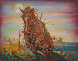 Peinture d'un cheval roux criblé de flèches
