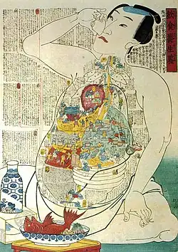 Guide alimentaire et nutritionnel&nbsp;(ja), Ukiyo-e d'Utagawa Yoshitsuna&nbsp;(ja) de 1850 utilisée pour expliquer au grand public les bonnes pratiques alimentaires à suivre.