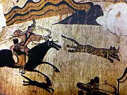 Peinture murale, scène de chasse. Tombe de Muyong, Koguryo. Ve&nbsp;siècle. Ji'an (Jilin), Chine.