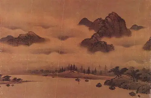 Seo Mun-bo. Paysage. Encre sur soie, fin XVe&nbsp;siècle. Yamatobunkakan, Nara, Japon