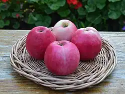 Panier contenant quatre pommes de couleur rouge et jaune.
