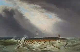 Lumber Raft on the St. Lawrence, peinture à l’huile de Cornelius Krieghoff, 1867.