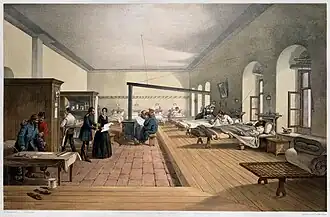 Lithographie de 1856 de la caserne de Selimiye utilisée comme hôpital pendant la guerre de Crimée.