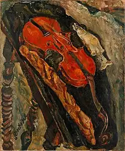 Tableau à l'huile représentant un violon, un pain et un poisson posés sur une table en bois.