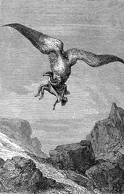 Gravure en noir et blanc représentant un homme enlevé par un énorme oiseau.