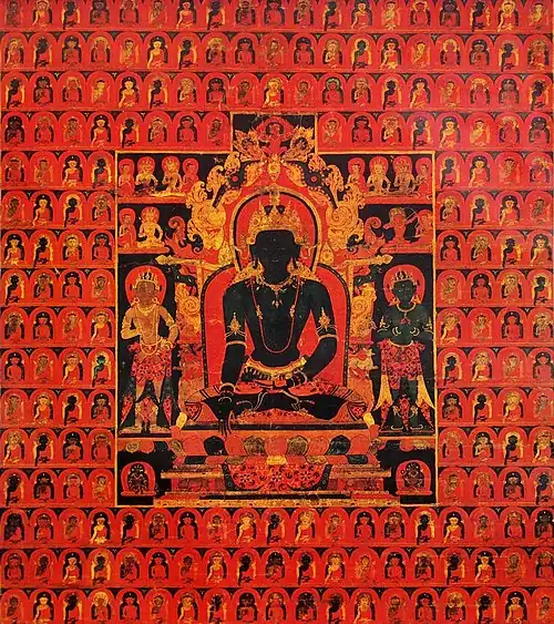 «&nbsp;Le Bouddha Akshobhya Dhyani&nbsp;», thangka tibetain, fin du XIIIe&nbsp;siècle, Honolulu Museum of Art. Le fond est constitué d'images multiples des Cinq Bouddhas dhyani&nbsp;(en).