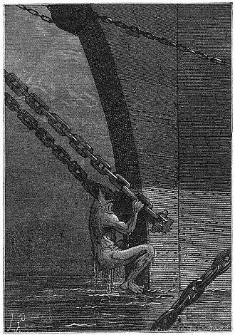 Gravure en noir et blanc représentant un homme au niveau de la proue d'un navire à bord duquel il veut monter en passant par la chaine de son ancre.