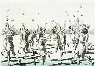 Une grande classe de filles, habillées en gymslips et chaussures Plimsoll&nbsp;(en), jouant dans un champ devant un camp de réfugiés, 1940. Dessin : Ethel Léontine Gabain