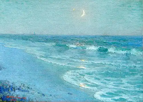 Crépuscule, étoile du soir et croissant de lune, avec voiliers à l'horizon, Oahu, Hawaï, 1925Collection privée
