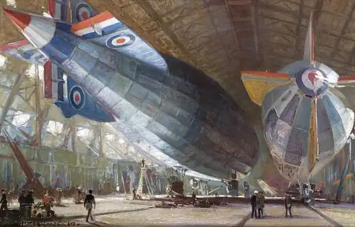 R 34 et R 29 au hangar à East Fortune, peinture d'Egerton Cooper&nbsp;(en), 1919