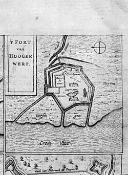 Le fort Saint-Martin (ou Hoogerwerf) vers 1698, reproduction tirée de l'album "Propriété royale des monuments à voir".