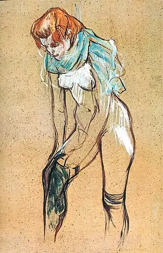 Femme qui tire son bas (1894), huile sur carton (61,5&nbsp;×&nbsp;44,5&nbsp;cm), Albi, musée Toulouse-Lautrec.