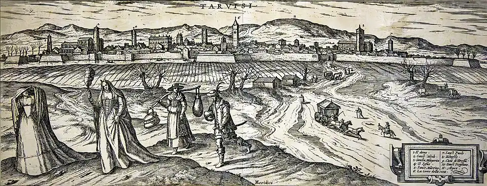 Vue de Trévise depuis le sud-est, 1592, eau-forte avec aquarelles de Civitates Orbis Terrarum de Georg Hoefnagel - Trévise, Museo Civico