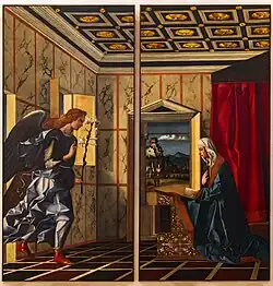 Détail de peinture. Mur couvert de panneaux de marbre dans la pièce de Marie où entre l'ange.