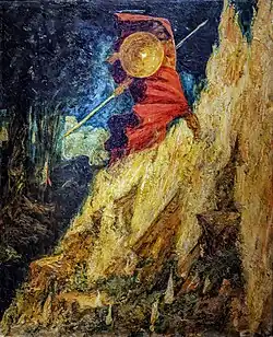 Cycle wagnérien. La Valkyrie, Wotan frappe le rocher d'où surgissent les flammes qui protégeront le rêve de Brunhild