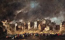 Francesco Guardi, 1789. Incendie de dépôt d'huile à San Marcuola, 41&nbsp;×&nbsp;60&nbsp;cm. Galerie de l'Académie