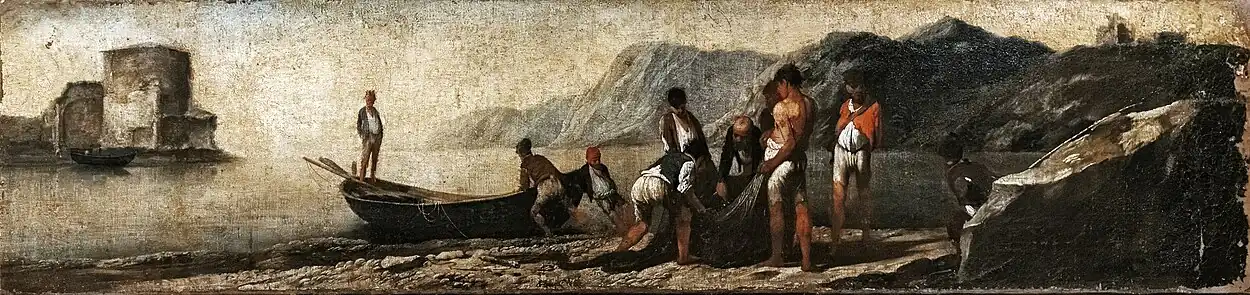 Porto di mare con barca e pescatori (Port maritime avec bateau et pêcheurs) par Antonio Travi