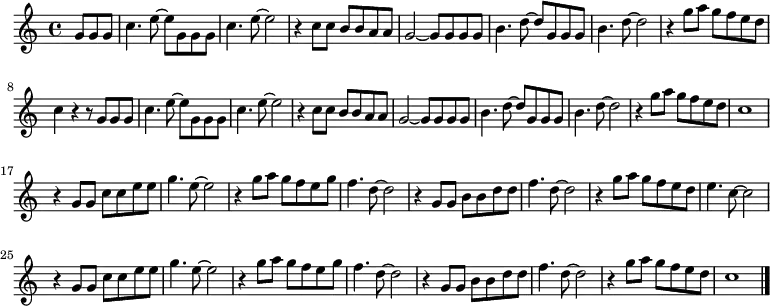 \new Staff {
\relative c'' {
\key c \major
\time 4/4
\partial 4.
g8 g g
c4. e8~ e g, g g \noBreak
c4. e8~ e2 \noBreak
r4 c8 c b b a a \noBreak
g2~ g8 g g g \noBreak
b4. d8~ d g, g g \noBreak
b4. d8~ d2 \noBreak
r4 g8 a g f e d \break
c4 r r8 g g g \noBreak
c4. e8~ e g, g g \noBreak
c4. e8~ e2 \noBreak
r4 c8 c b b a a \noBreak
g2~ g8 g g g \noBreak
b4. d8~ d g, g g \noBreak
b4. d8~ d2 \noBreak
r4 g8 a g f e d \noBreak
c1 \break
r4 g8 g c c e e \noBreak
g4. e8~ e2 \noBreak
r4 g8 a g f e g \noBreak
f4. d8~ d2 \noBreak
r4 g,8 g b b d d \noBreak
f4. d8~ d2 \noBreak
r4 g8 a g f e d \noBreak
e4. c8~ c2 \break
r4 g8 g c c e e \noBreak
g4. e8~ e2 \noBreak
r4 g8 a g f e g \noBreak
f4. d8~ d2 \noBreak
r4 g,8 g b b d d \noBreak
f4. d8~ d2 \noBreak
r4 g8 a g f e d \noBreak
c1 \bar "|."
}
}