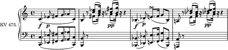 
\version "2.14.2"
\header {
  tagline = ##f
}
upper = \relative c' {
         \clef "treble"
         \tempo "Adagio"
         \key c \major
         \time 4/4
         \set Staff.midiInstrument = #"piano"

       c4.\f (ees8\p fis g aes c,)
      \stemUp b r8 < c' ees> ^(< b d>16) r16 <c fis>8 ^(<b g'>16) r16 r4
      bes,4.\f (des8)\p e!8.\turn (f16 g8 bes,)
      a!8 r8 < bes' des> ^(< a c>16) r16 <des e!>8 ^ (<c f>16)  r16 r4
}

lower = \relative c {
         \clef "bass"
         \key c \major
         \time 4/4
         \tempo 4 = 50
         \set Staff.midiInstrument = #"piano"

       <c, c'>4. (<ees ees'>8 <fis fis'> <g g'> <aes aes'>  <c, c'>)
       <b b'> r8 \change Staff = "upper"  \stemDown fis'''8 _(g16) r16 aes8\pp _(g16) r16 \change Staff = "lower" s4
      \stemUp  <bes,,, bes'>4. (<des des'>8) <e! e'>8. <f f'>16 (<g g'>8   <bes, bes'>)
       <a! a'> r8  \change Staff = "upper"  \stemDown e'''8 _(f16) r16 bes!8\pp _(a16) r16 \change Staff = "lower" s4
}

\score {
  \new PianoStaff <<
    \set PianoStaff.instrumentName = #"KV 475."
    \new Staff = "upper" \upper
    \new Staff = "lower" \lower
  >>
  \layout {
    \context {
      \Score
      \remove "Metronome_mark_engraver"
    }
  }
  \midi { }
}
