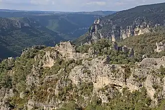 Le chaos de Montpellier-le-Vieux sur le causse Noir et les gorges de la Dourbie, au sud-est.