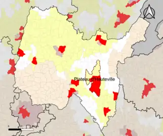 Localisation de l'aire d'attraction de Plateau d'Hauteville dans le département de l'Ain.