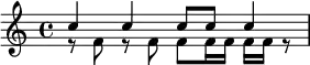 
\relative c' {
\new Staff <<
 \new Voice = "first"
  { \voiceOne c'4 c c8 c c4 }
 \new Voice = "second"
  { \voiceTwo r8 f, r f f f16 f f f r8 }
>> }
