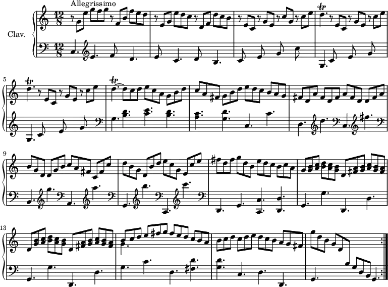 \version "2.18.2"
\header {
tagline = ##f
}
%% les petites notes
trillD = { \tag #'print { d4.\trill~ } \tag #'midi { \times 2/3 { e16 d e d e d~ } d8~ } }
upper = \relative c'' {
\clef treble
\key c \major
\time 12/8
\tempo 4. = 126
\set Staff.midiInstrument = #"harpsichord"
\repeat volta 2 {
s8*0^\markup{Allegrissimo}
r8 g e' g f g r8 f, b f' e d | r8 e,8 g e' d c r8 d, f d' c b | r8 e,8 c r8 g' e r8 c' g r8 c e \trillD \repeat unfold 2 { r8 e,8 c r8 g' e r8 c' e \trillD }
% ms. 6
d8 c d e c a g b d |
% ms. 7
c8 a fis g b d e d c b a g | fis d a' fis d fis a fis d d fis a | b g d d g b c a fis c fis c' |
% ms. 10
d8 b g d b' d e c g e c' e | fis d fis g d b e d c b c a | g < g b > < a c > < b d > < a c > < g b > d < fis a > < g b > < a c > < g b > < fis a > |
% ms. 13
d8 <g b >8 < a c > < b d > < a c > < g b > d < fis a > < g b > < a c > < g b > < fis a > | << { b8 c d e fis g fis e d c b a } \\ { g4. } >> | b8 c d c d e d c b a g fis | g'8 d b g d \stemUp \change Staff = "lower" b g d b s4. |
} % reprise
}
lower = \relative c {
\clef bass
\key c \major
\time 12/8
\set Staff.midiInstrument = #"harpsichord"
\repeat volta 2 {
% **************************************
c4. \clef treble e'4. f8 s4 d4. | e8 s4 c4. d8 s4 b4. | c8 s4 e8 s4 g8 s4 c8 s4 |
% ms. 4
\repeat unfold 2 { g,4. c8 s4 e8 s4 g8 s4 } | \clef bass g,4. < b d > < c e > < b d > |
% ms. 7
< a c >4. < g d' > c,4. c' d, \clef treble d''4. \clef bass c,,4. \clef treble fis''4. | \clef bass b,,,4. \clef treble g'''4. \clef bass a,,,4. \clef treble a'''4.
% ms. 10
\clef bass g,,,4. \clef treble b'''4. \clef bass c,,,,4. \clef treble c''''4. | \clef bass d,,,,4. g < c, c' >4. < d d' > | \repeat unfold 2 { g4. g' d, d' } |
% ms. 14
g4. c d, < fis d' > | < g d' > c, d d, | g s4. s4. \tempo 4. = 60 g4. \tempo 4. = 126
}%reprise
}
thePianoStaff = \new PianoStaff <<
\set PianoStaff.instrumentName = #"Clav."
\new Staff = "upper" \upper
\new Staff = "lower" \lower
>>
\score {
\keepWithTag #'print \thePianoStaff
\layout {
#(layout-set-staff-size 17)
\context {
\Score
\override SpacingSpanner.common-shortest-duration = #(ly:make-moment 1/2)
\remove "Metronome_mark_engraver"
}
}
}
\score {
\unfoldRepeats
\keepWithTag #'midi \thePianoStaff
\midi { }
}