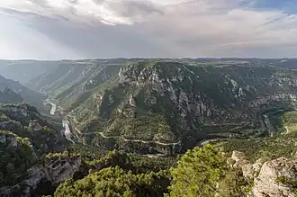 Les gorges du Tarn et le causse de Sauveterre vues du roc des Hourtous sur le causse Méjean, au sud-ouest.