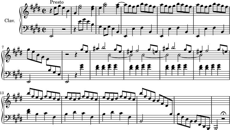 
\version "2.18.2"
\header {
  tagline = ##f
}

%% les petites notes
trillB      = { \tag #'print { bes'8.\trill } \tag #'midi { c32 bes c bes~ bes16 } }

upper = \relative c'' {
  \clef treble 
  \key e \major
  \time 2/2
  \tempo 2 = 120
  \set Staff.midiInstrument = #"harpsichord"

 s8*0^\markup{Presto}
      r4 e8 gis e4 b | gis < e' gis >2 < dis fis >4 | e4 < gis b >2 < fis a >4~ | \repeat unfold 3 { a8 gis fis gis  b a gis fis } |
      % ms. 7
      gis8 e b gis \stemDown e \stemUp \change Staff = "lower" b gis e | \change Staff = "upper" r2 r4 << { \repeat unfold 2 { gis''8 e ais4 b2 gis8 e eis4 fis2 } } \\ { s2. \repeat unfold 3 { b,2~ b } } >> gis'8 e |
      % ms. 12
      b'8 fis e dis  fis e dis cis | \repeat unfold 2 { e dis cis dis  fis e dis cis } |
      % ms. 16
      b'8 fis dis b  b fis dis \change Staff = "lower" b | s1*2 | 

}

lower = \relative c' {
  \clef bass
  \key e \major
  \time 2/2
  \set Staff.midiInstrument = #"harpsichord"

    % **************************************
       e,,2 r2 | r4 e''8 gis e4 b | gis e8 gis e4 b | \repeat unfold 3 { e, e' fis b, } |
       % ms. 7
       e,2 s2 | e r4 < e'' gis >4 | \repeat unfold 4 { < dis fis >4 q < e gis > q } | 
       % ms. 13
       < dis fis >4 b4 cis fis, | \repeat unfold 2 { b dis cis fis, } |
       % ms. 16
       b,2 s2 | b'8 fis dis b b fis dis b | b2 r2\fermata |

}

thePianoStaff = \new PianoStaff <<
    \set PianoStaff.instrumentName = #"Clav."
    \new Staff = "upper" \upper
    \new Staff = "lower" \lower
  >>

\score {
  \keepWithTag #'print \thePianoStaff
  \layout {
      #(layout-set-staff-size 17)
    \context {
      \Score
     \override SpacingSpanner.common-shortest-duration = #(ly:make-moment 1/2)
      \remove "Metronome_mark_engraver"
    }
  }
}

\score {
  \keepWithTag #'midi \thePianoStaff
  \midi { }
}
