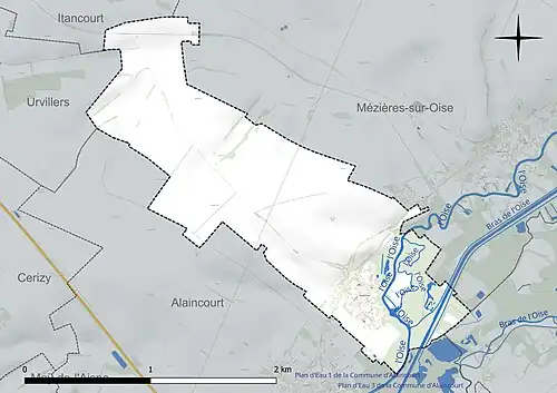 Carte en couleur présentant le réseau hydrographique de la commune