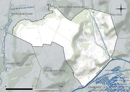 Carte en couleur présentant le réseau hydrographique de la commune