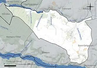 Carte en couleur présentant le réseau hydrographique de la commune